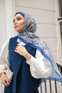 Çicek Desen Soft Şal Saks Mavi