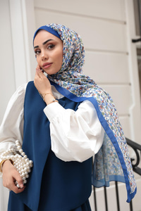 Çicek Desen Soft Şal Saks Mavi