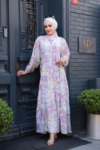 Çicek Desenli Elbise Mor