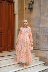 Çiçek Desenli Elbise Somon