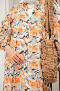 Çicek Desenli Elbise Turuncu