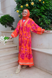 Çiçek Desenli Elbise Turuncu