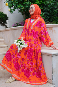 Çiçek Desenli Elbise Turuncu