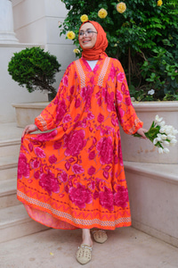 Çiçek Desenli Elbise Turuncu