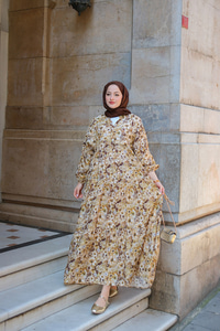 Çiçek Desenli Elbise Yağ Yeşil