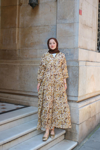 Çicek Desenli Elbise Yağ Yeşil