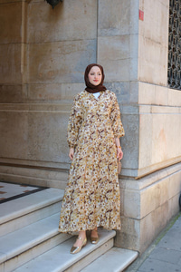 Çicek Desenli Elbise Yağ Yeşil