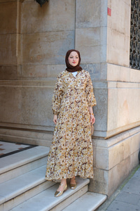 Çiçek Desenli Elbise Yağ Yeşil