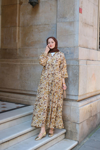 Çicek Desenli Elbise Yağ Yeşil