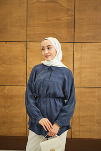 Çiçek desenli Jakar Gömlek İndigo Mavi