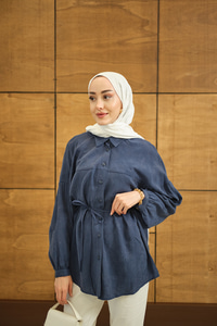 Çiçek desenli Jakar Gömlek İndigo Mavi