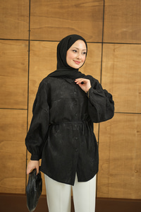 Çiçek desenli Jakar Gömlek Siyah