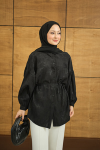 Çiçek desenli Jakar Gömlek Siyah