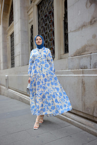 Çicek Desenli Viskon Elbise Mavi