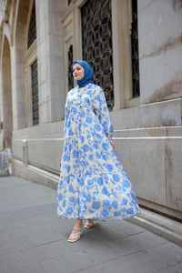 Çicek Desenli Viskon Elbise Mavi