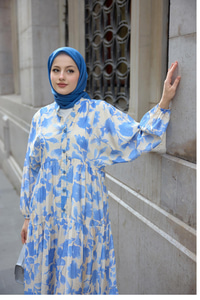 Çicek Desenli Viskon Elbise Mavi