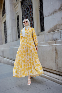 Çicek Desenli Viskon Elbise Sarı