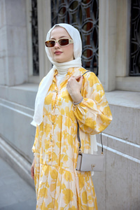 Çicek Desenli Viskon Elbise Sarı