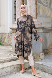 Çiçek Desenli Yarasa Kol Tunik Haki Yeşil