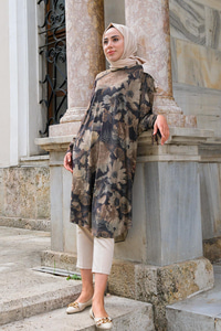 Çiçek Desenli Yarasa Kol Tunik Haki Yeşil