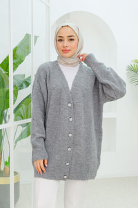 Çicek Düğme Detaylı Buklet Hırka Gri