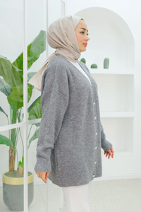 Çicek Düğme Detaylı Buklet Hırka Gri