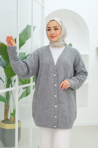 Çicek Düğme Detaylı Buklet Hırka Gri