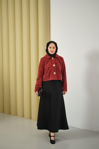 Çiçek Düğmeli Keçe Kısa Ceket Bordo