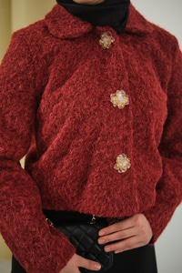 Çiçek Düğmeli Keçe Kısa Ceket Bordo