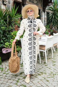 Çiçek Nakış Detay Elbise Krem