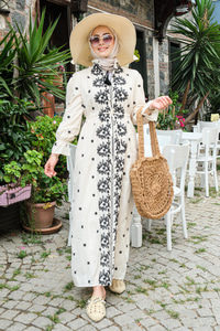 Çiçek Nakış Detay Elbise Krem