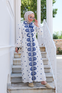 Çiçek Nakış Detay Elbise Mavi