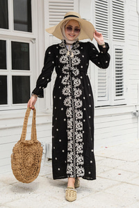 Çiçek Nakış Detay Elbise Siyah