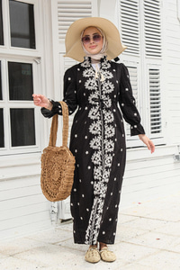 Çiçek Nakış Detay Elbise Siyah