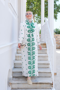 Çiçek Nakış Detay Elbise Yeşil