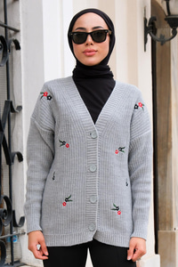 Çiçek Nakışlı Hırka Gri