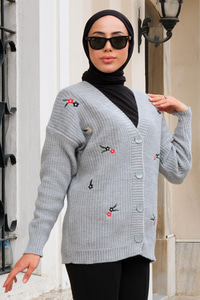 Çiçek Nakışlı Hırka Gri