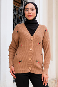 Çiçek Nakışlı Hırka Vizon