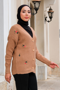 Çiçek Nakışlı Hırka Vizon