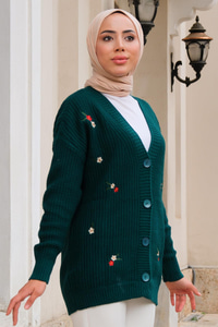 Çiçek Nakışlı Hırka Zümrüt Yeşil