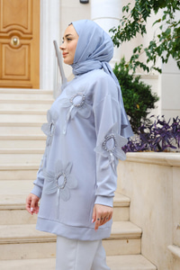 Çicek Nakışlı Tunik Gri