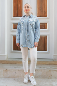 Çiçek Oymalı Kot Ceket Açık Mavi