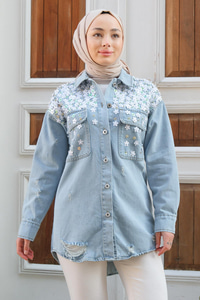 Çiçek Oymalı Kot Ceket Açık Mavi