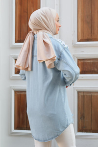 Çiçek Oymalı Kot Ceket Açık Mavi