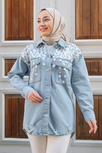 Çiçek Oymalı Kot Ceket Açık Mavi