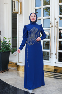 Çiçek Taş Aksesuarlı Abiye Saks Mavi