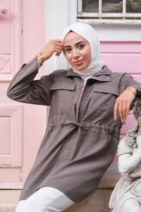 Çift Cep Bel Bağlamalı Ceket Gri