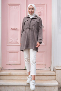 Çift Cep Bel Bağlamalı Ceket Gri