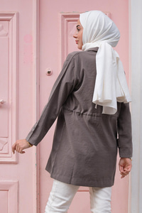 Çift Cep Bel Bağlamalı Ceket Gri