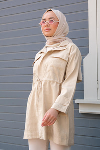 Çift Cep Bel Bağlamalı Ceket Krem